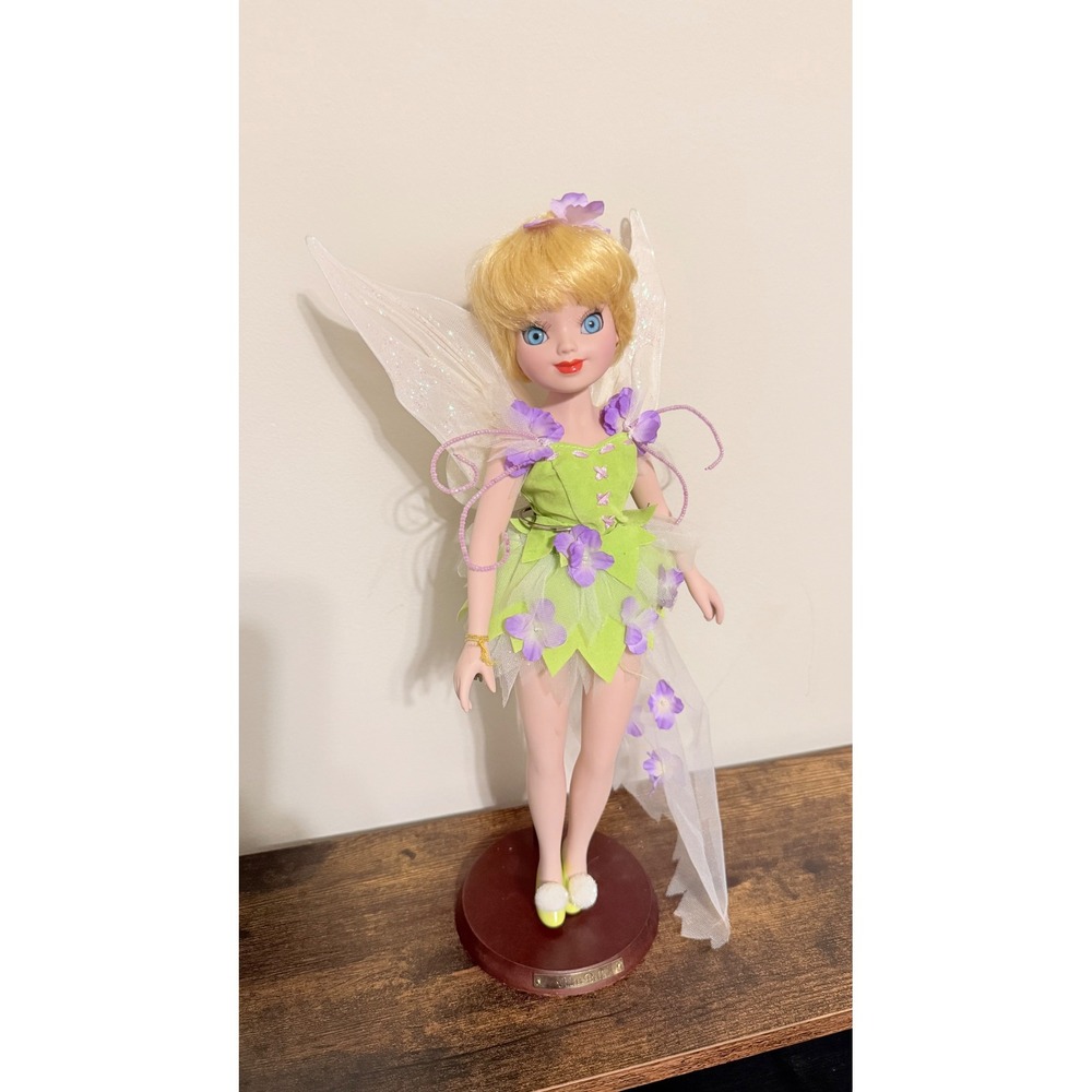 Disney Tinker Bell Porcelain Collector Doll with Stand and Key Charm Accessory